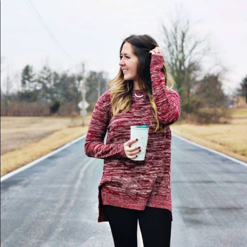 red sweater with cross back